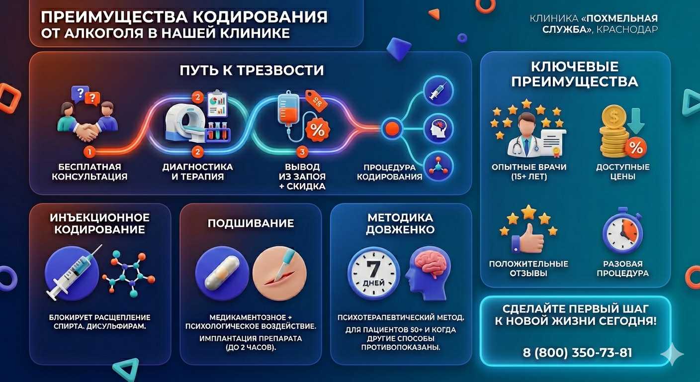 Инфографика о методах кодирования от алкоголя в Шимановске: инъекции, подшивание, метод Довженко. Преимущества клиники и этапы лечения.